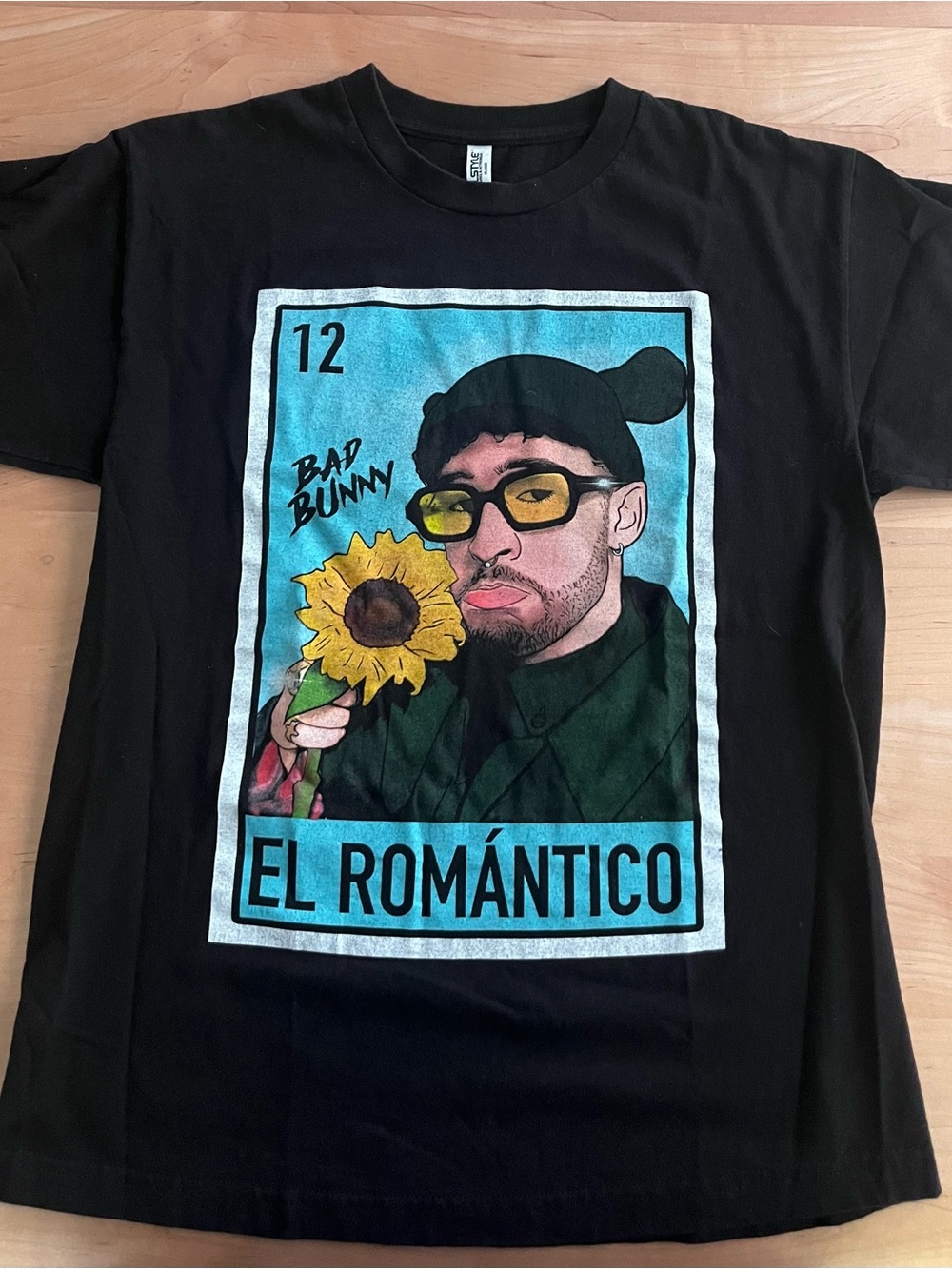 Vintage Black Bad Bunny El Romántico Graphic Tee with Blue Panel